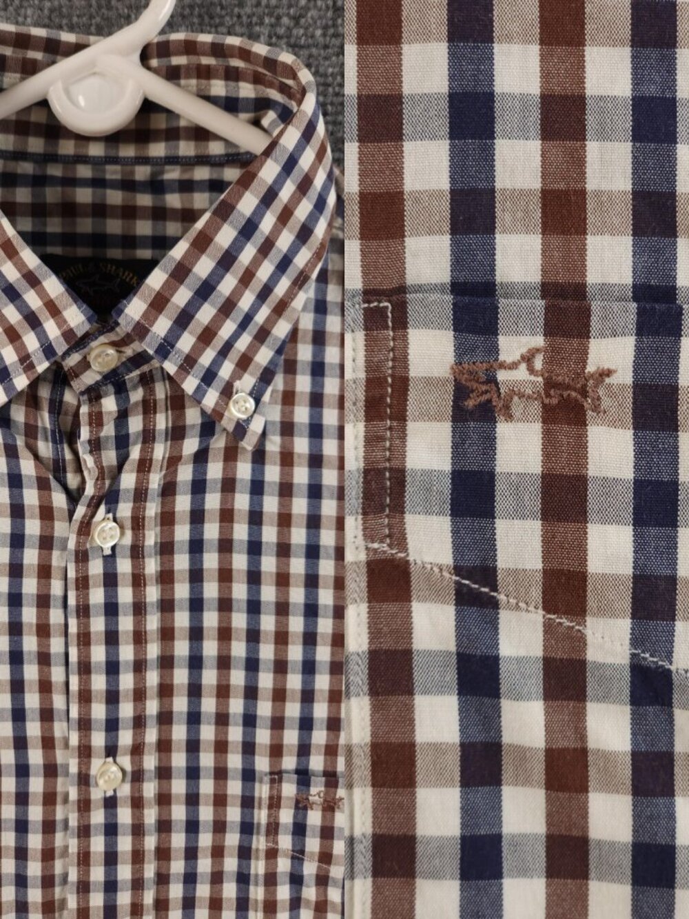 Paul & Shark Button-Down Check 38 Cotton Blue Brown Pocket Shirt Long Sleeve